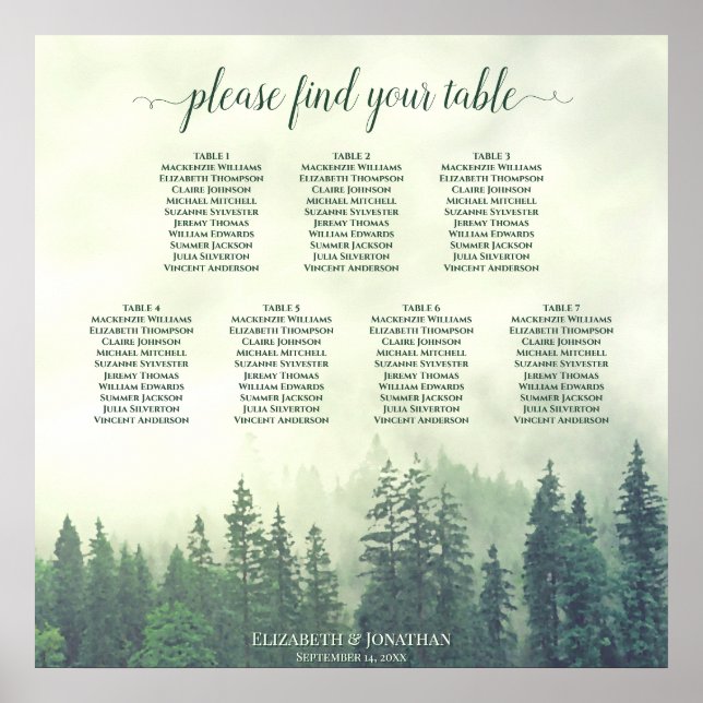 Rustic Green Pines 7 Table Wedding Seating Chart (Front)