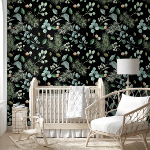 Rustic Green Pines & Leaf Pattern on Black Wallpaper