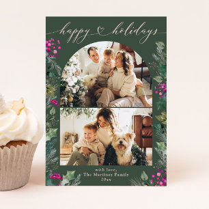 Rustic Green Pink Botanical Arch 2 Photo Holiday Card