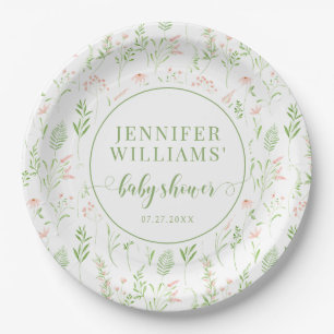 Rustic green pink little wildflower baby shower paper plate