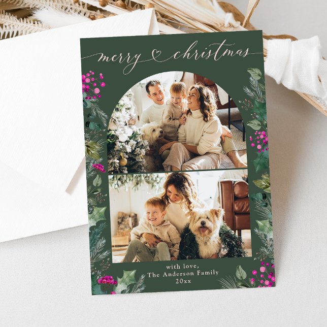 Rustic Green Pink Unique Christmas Card w. Message (Creator Uploaded)