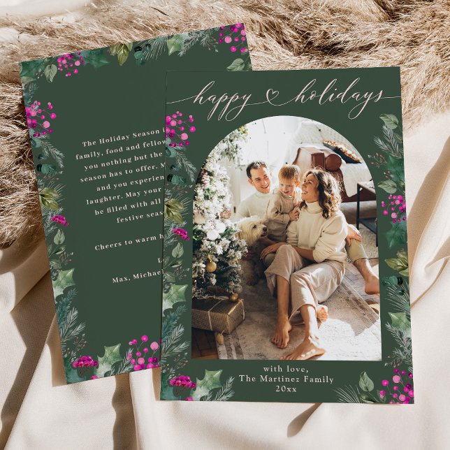 Rustic Green Pink Winter Botanicals Photo Holiday Card (Creator Uploaded)