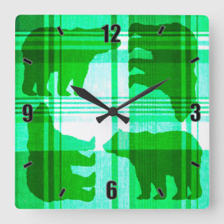 Rustic green plaid bears square wall clock