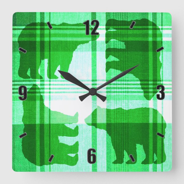 Rustic green plaid bears square wall clock (Front)