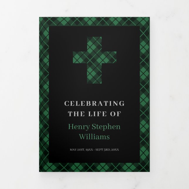Rustic Green Plaid Cross Funeral Memorial Tri-Fold Programme (Cover)