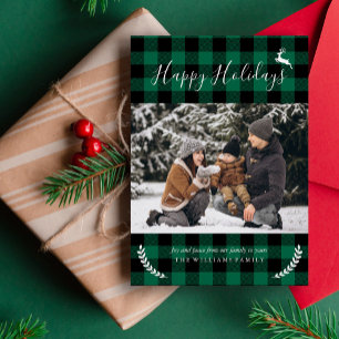 Rustic Green Plaid Family Christmas Photo Holiday Card