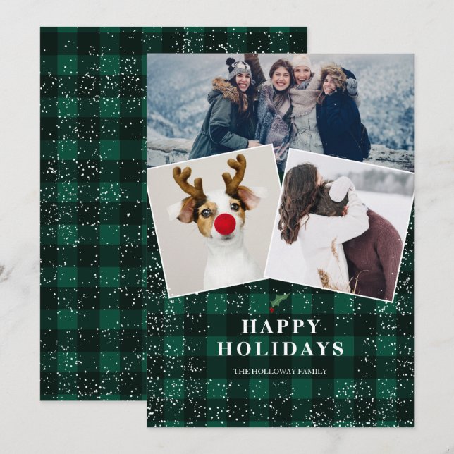 Rustic green plaid flannel mistletoe snow 3 photos holiday card (Front/Back)