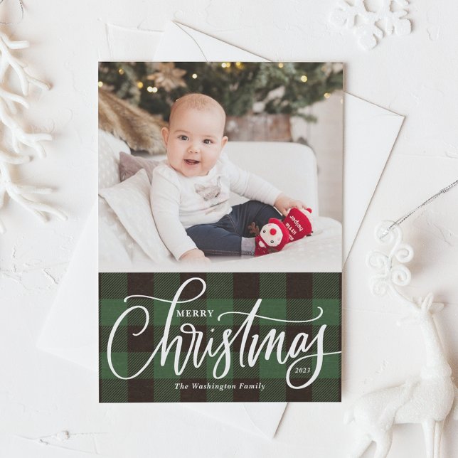 Rustic Green Plaid Merry Christmas Photo Holiday Card (Creator Uploaded)