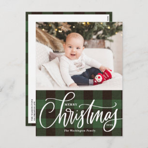 Rustic Green Plaid Merry Christmas Photo Holiday Postcard