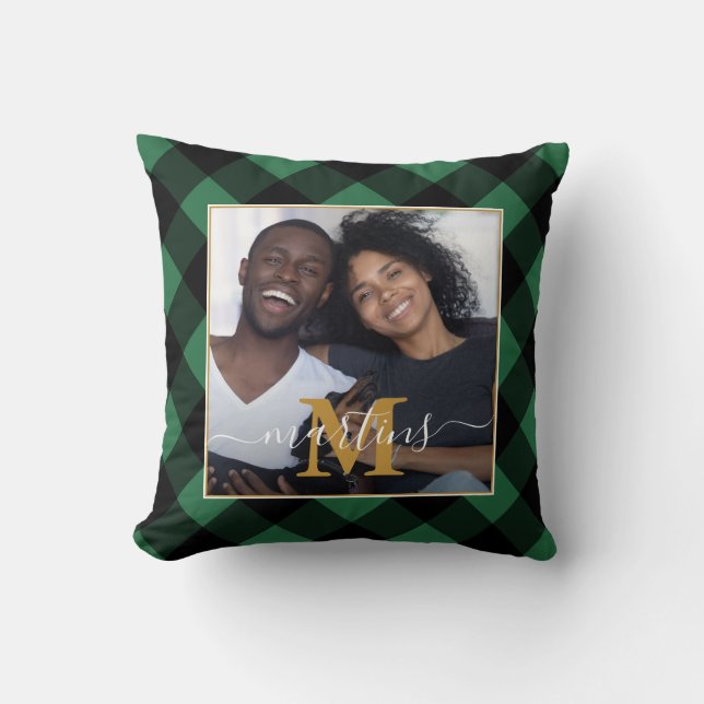 Rustic Green Plaid Monogram and Name Photo Cushion (Front)
