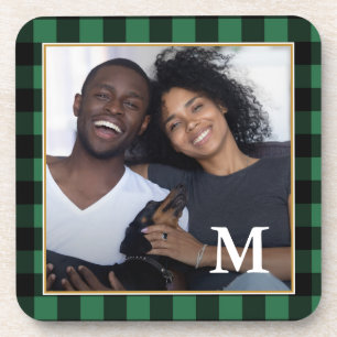 Rustic Green Plaid Monogram Photo Coaster