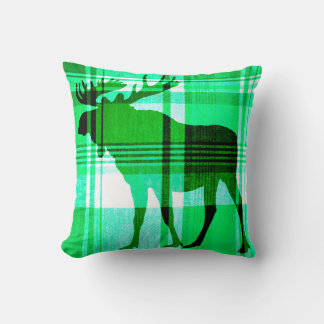 Rustic green plaid moose pillow