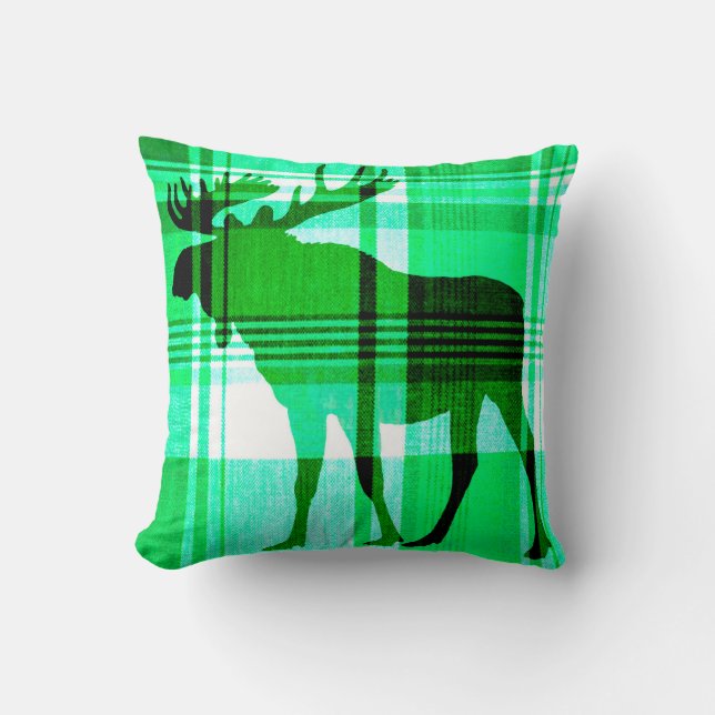 Rustic green plaid moose pillow (Front)