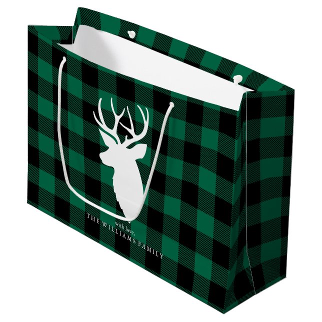 Rustic Green Plaid Pattern Christmas Large Gift Bag (Front Angled)