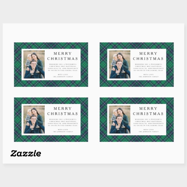 Rustic Green Plaid Photo Christmas Rectangular Sticker (Sheet)