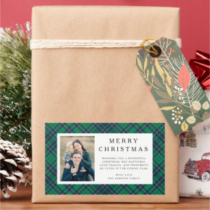 Rustic Green Plaid Photo Christmas Rectangular Sticker