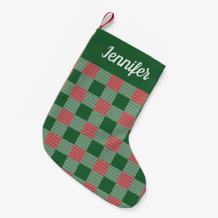Rustic Green Plaid Script Name Small Christmas Stocking