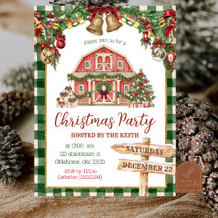 Rustic Green Plaid Winter Barnyard Christmas Party Invitation
