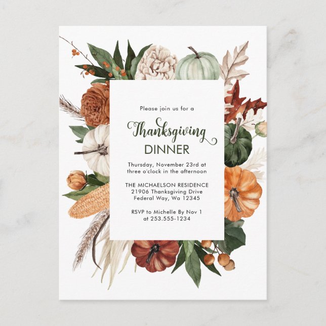 Rustic Green Pumpkin Thanksgiving Dinner Invite Postcard (Front)
