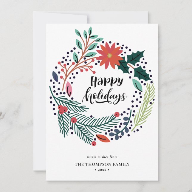 Rustic Green Red Poinsettia Floral Wreath Simple Holiday Card (Front)