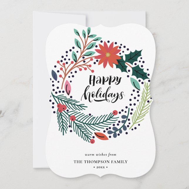 Rustic Green Red Poinsettia Floral Wreath Simple Holiday Card (Front)