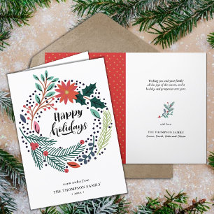 Rustic Green Red Poinsettia Floral Wreath Simple Holiday Card