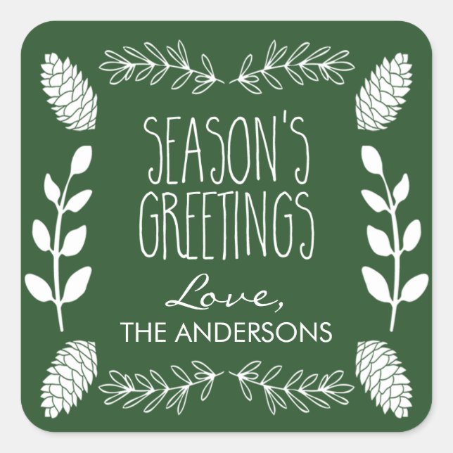 Rustic Green Season's Greetings Christmas Square Sticker (Front)