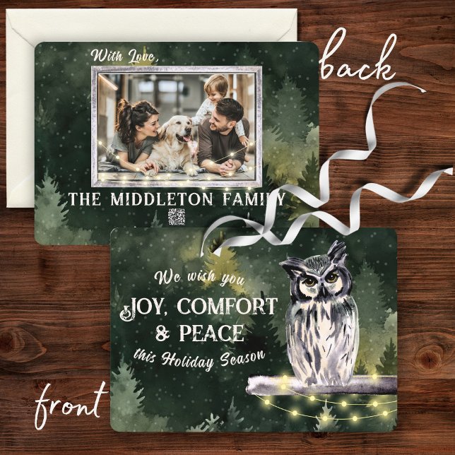 Rustic Green Snowy Owl Christmas Family Photo  Holiday Card (Creator Uploaded)