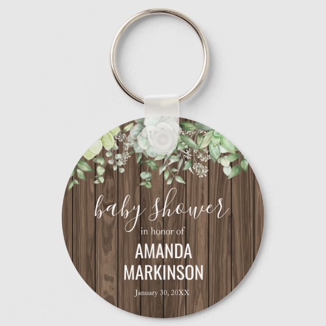 Rustic Green Succulent Modern Baby Shower Key Ring (Front)