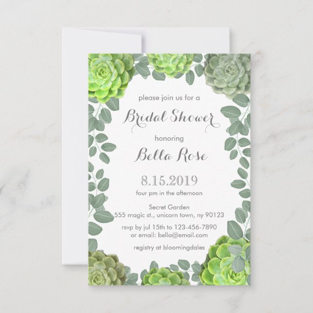 Rustic Green Succulents Bridal Shower Invitations (Front)