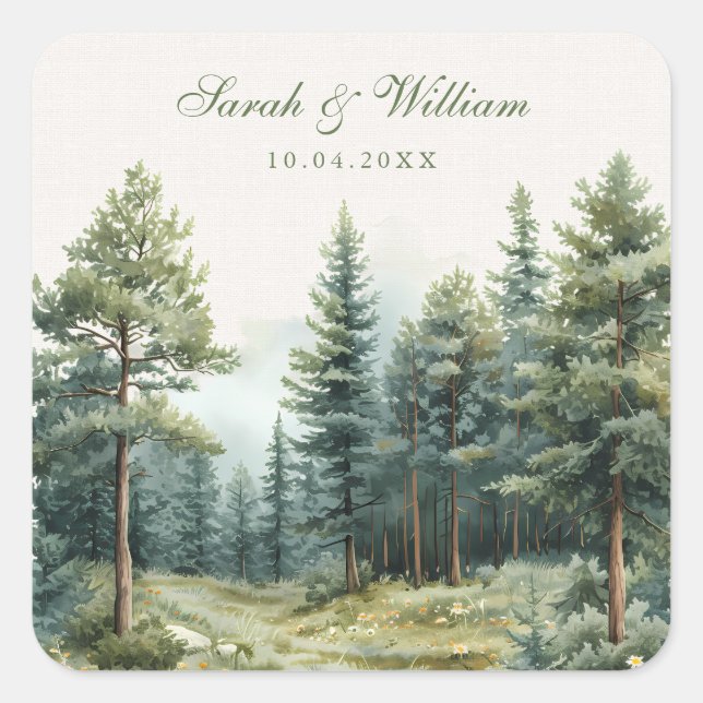Rustic green summer forest wedding square sticker (Front)