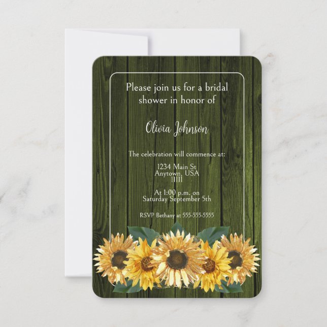 Rustic Green Sunflower Bridal Shower Invitation (Front)