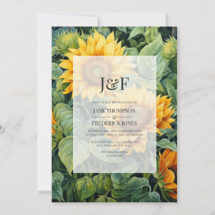 Rustic Green & Sunflower Floral Wedding Monogram Invitation