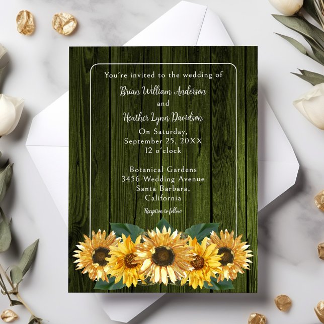 Rustic Green Sunflower Wedding Invitation (Green Rustic Sunflower Wedding Invitation)