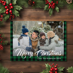 Rustic Green Tartan Buffalo Plaid Christmas Photo Holiday Card