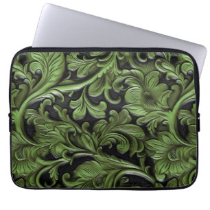 Rustic green tooled leather  laptop sleeve