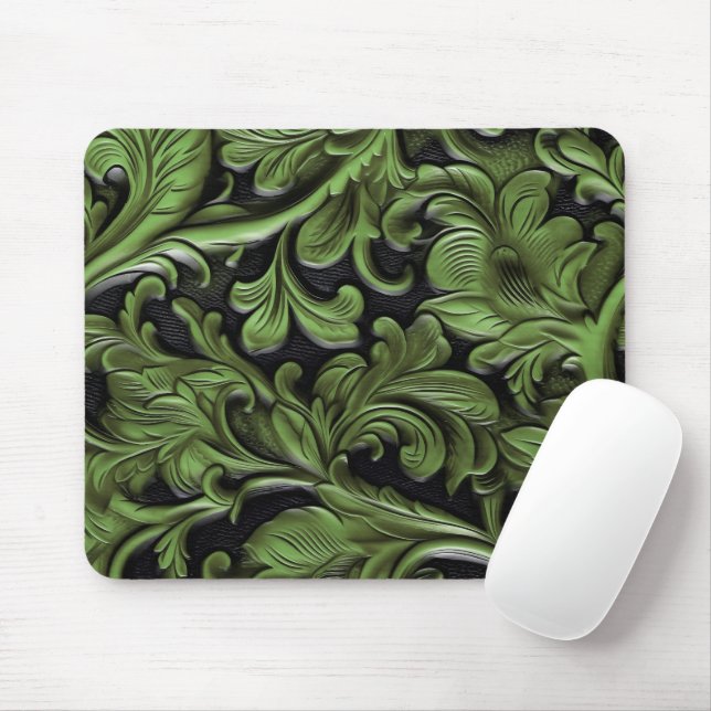 Rustic green tooled leather  mouse pad (With Mouse)