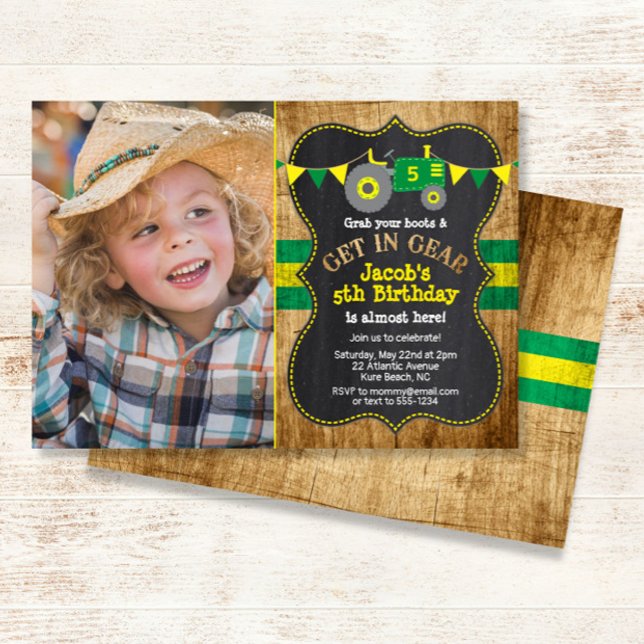 Rustic Green Tractor Birthday Photo Invitation (Creator Uploaded)