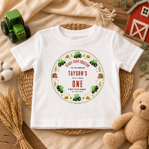 Rustic Green Tractor Farm First Year Down One Baby T-Shirt