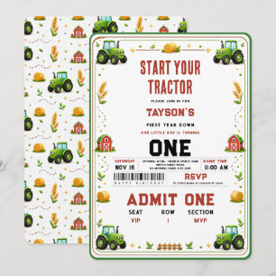 Rustic Green Tractor Farm First Year Down Ticket Invitation
