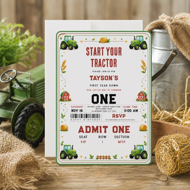 Rustic Green Tractor Farm First Year Down Ticket Invitation (Rustic Green Tractor Farm 1st birthday Invitation
)
