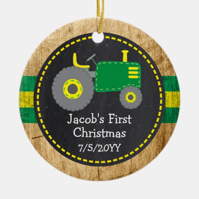 Rustic Green Tractor First Christmas Wood Photo Ceramic Ornament (Front)