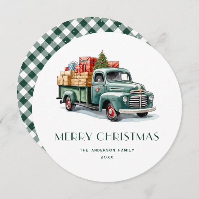 Rustic Green Truck Gingham Plaid Christmas Cards (Front/Back)
