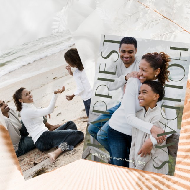 Rustic Green Two Photo Happiest Holidays Holiday Card (Creator Uploaded)