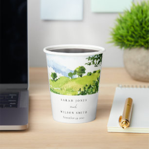 Rustic Green Watercolor Countryside Hills Wedding Paper Cups