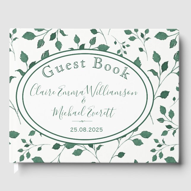 Rustic Green Watercolor Leaves Wedding Guestbook (Front)