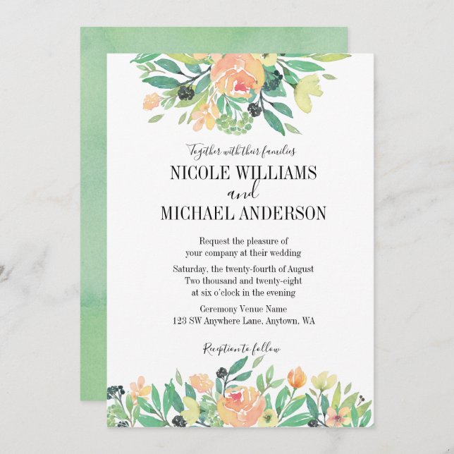 RUSTIC Green watercolor peony Foliage WEDDING Invitation (Front/Back)