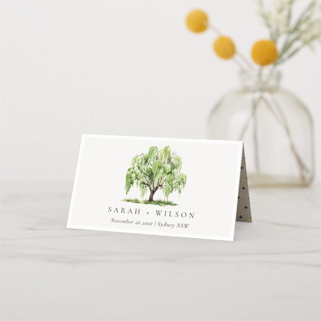 Rustic Green Watercolor Willow Tree Farm Wedding Place Card (Front)