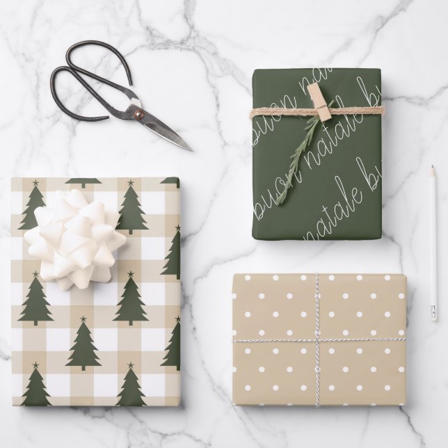 Rustic Green White Buon Natale Holiday Wrapping Paper Sheet (Front)