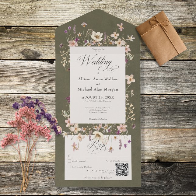 Rustic Green Wildflower Frame QR Code All In One Invitation (Creator Uploaded)